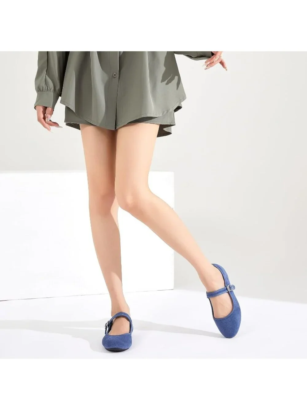 Women's Blue Mary Jane with Strap Faux Suede Black Flats Shoes Comfortable